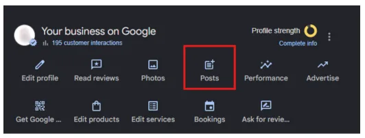 Posts icon highlighted showing how to regularly share updates and optimize google business profile visibility.