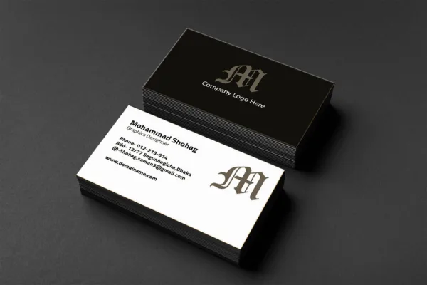 Sleek black and white corporate business cards showcasing professional identity services offered by graphic designers.