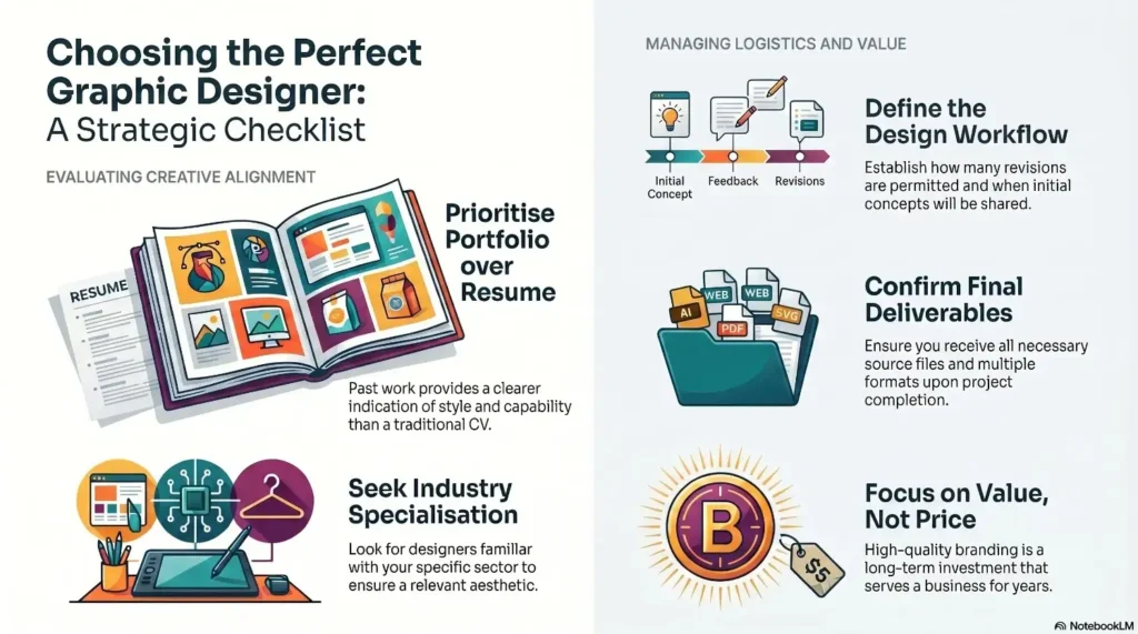 A strategic infographic highlighting various key services offered by graphic designers to evaluate creative alignment