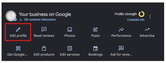 Edit profile button highlighted indicating where to update details and optimize google business profile accuracy.