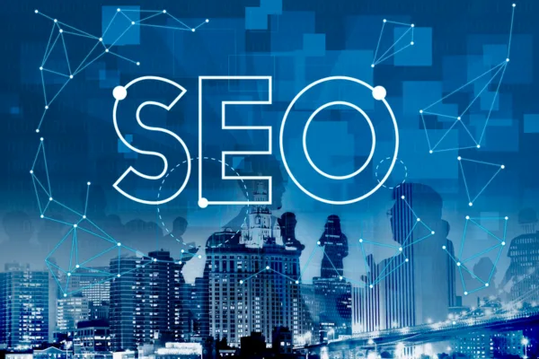 Large SEO graphics over a city layout highlighting an seo optimized.webp Professional Website for Small Businesses