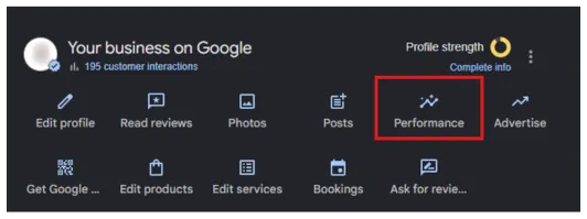 Performance tracking button highlighted to monitor metrics and optimize google business profile ranking results.