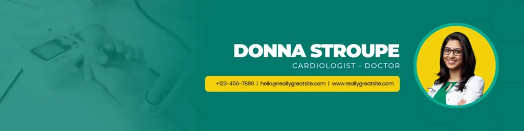 Professional cardiologist banner with doctor portrait, contact details, and medical branding design.