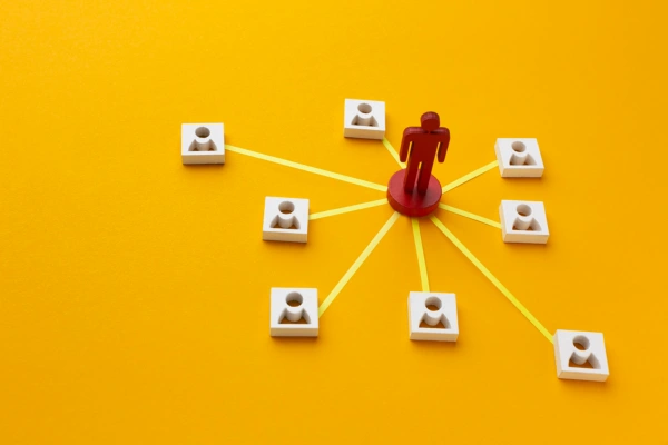 Business network illustration showing lead generation, professional connections, relationship building, and client outreach.
