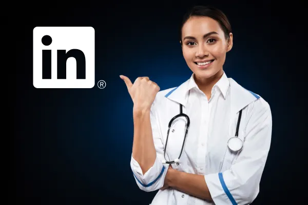 LinkedIn Profile for Doctors featuring a professional physician pointing toward the LinkedIn logo for personal branding.