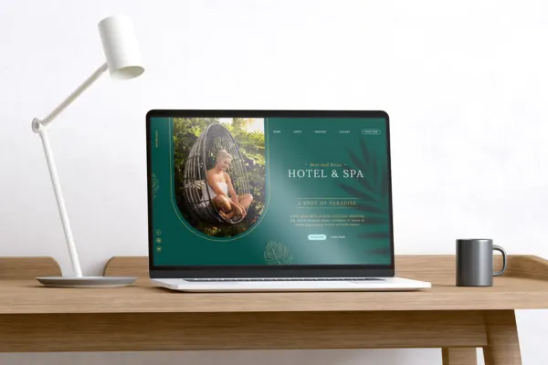 Laptop displaying a hotel and spa website on a desk, illustrating local seo without a website strategies online