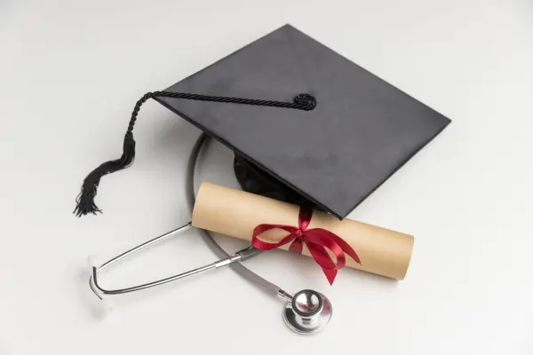 Medical graduation cap, diploma, and stethoscope representing a qualified healthcare professional.