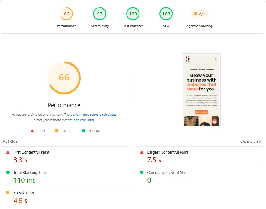 Google PageSpeed Insights report showing website performance, Core Web Vitals, SEO score, and speed optimization metrics.