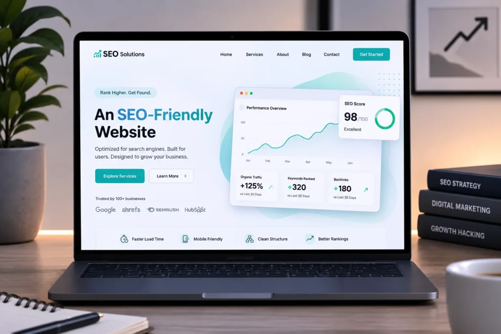 Modern SEO Friendly Website design displayed on a laptop with fast loading, clean layout, and performance dashboard.