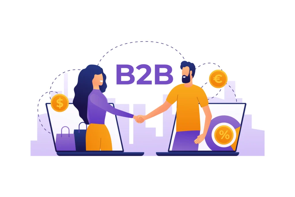 Digital illustration of two business professionals shaking hands online to generate B2B Leads Through LinkedIn.