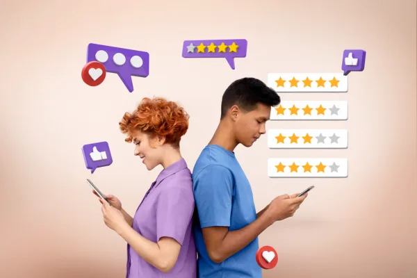 Two people standing back-to-back using smartphones surrounded by 3D social media icons and review star ratings.