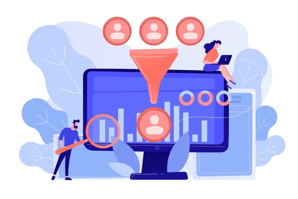Business Leads From LinkedIn illustration showing a sales funnel, customer profiles, analytics and digital marketing.