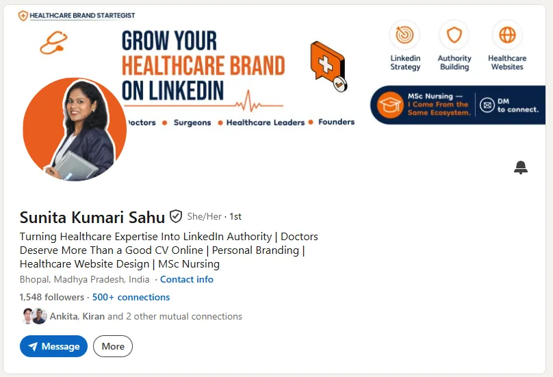 Healthcare brand strategist LinkedIn profile highlighting personal branding, authority building and website expertise.