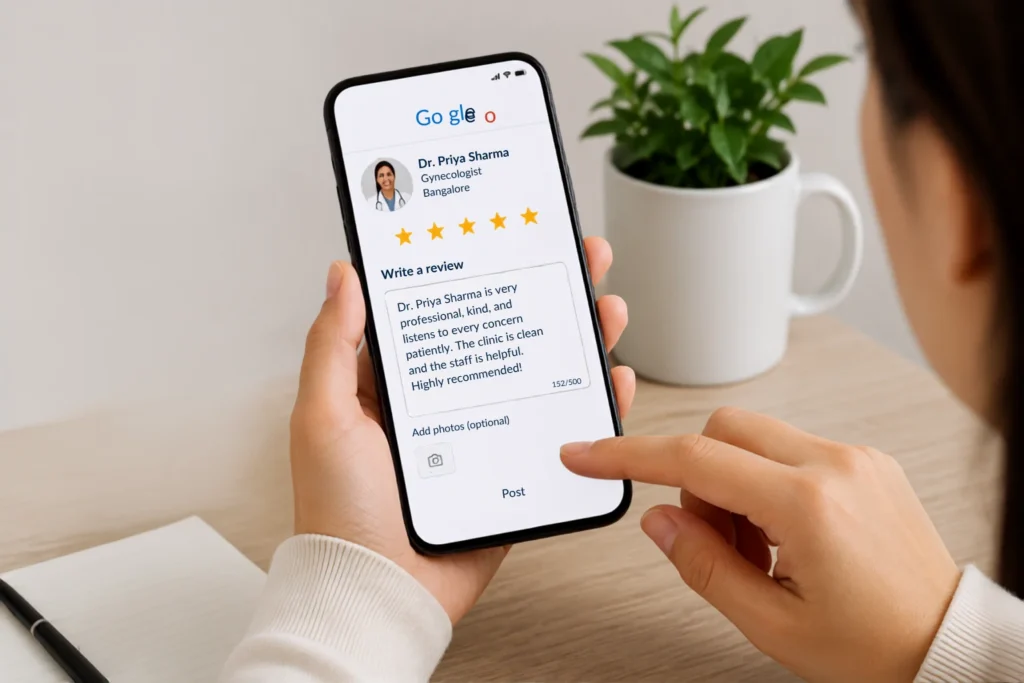 Person submitting a five-star rating and detailed Google Review for a doctor on a smartphone interface.