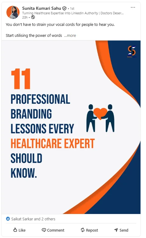 LinkedIn post sharing 11 branding lessons for healthcare experts through engaging visual content and clear messaging.