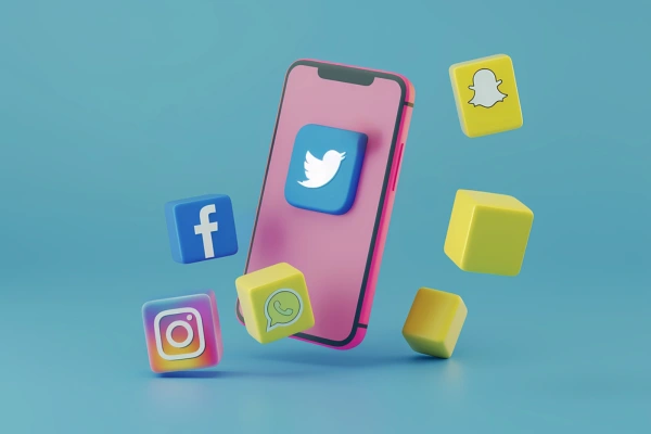3D illustration of a smartphone surrounded by floating social media app icons on a vibrant blue background.