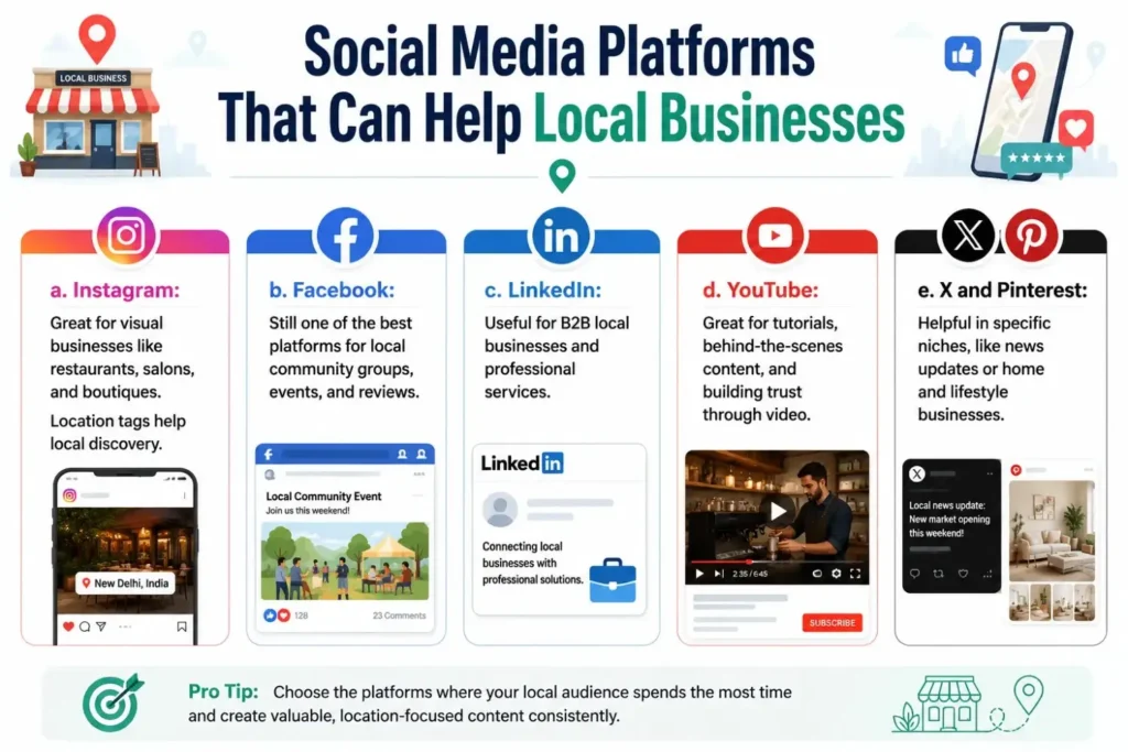 Infographic detailing how top social media platforms like Instagram, Facebook, and LinkedIn help local businesses.