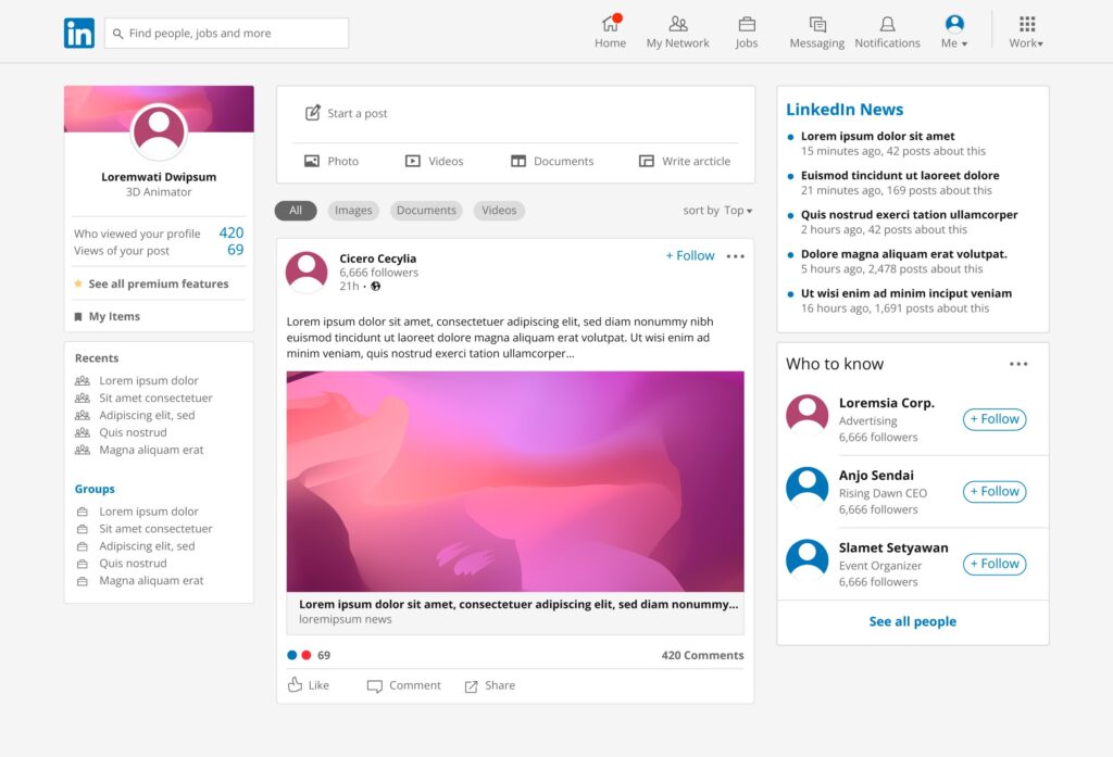 A mockup of a user feed on LinkedIn showing a published post with text and a pink image as part of linkedin content.