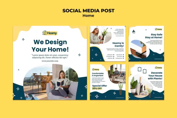 Modern real estate Social Media Designs set featuring yellow and dark blue templates for home decor posts.